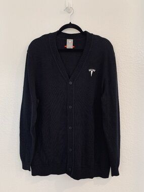 Tesla Cardigan Sweater Mens Large Embroidered Logo Cotton Blend Button Up Preppy